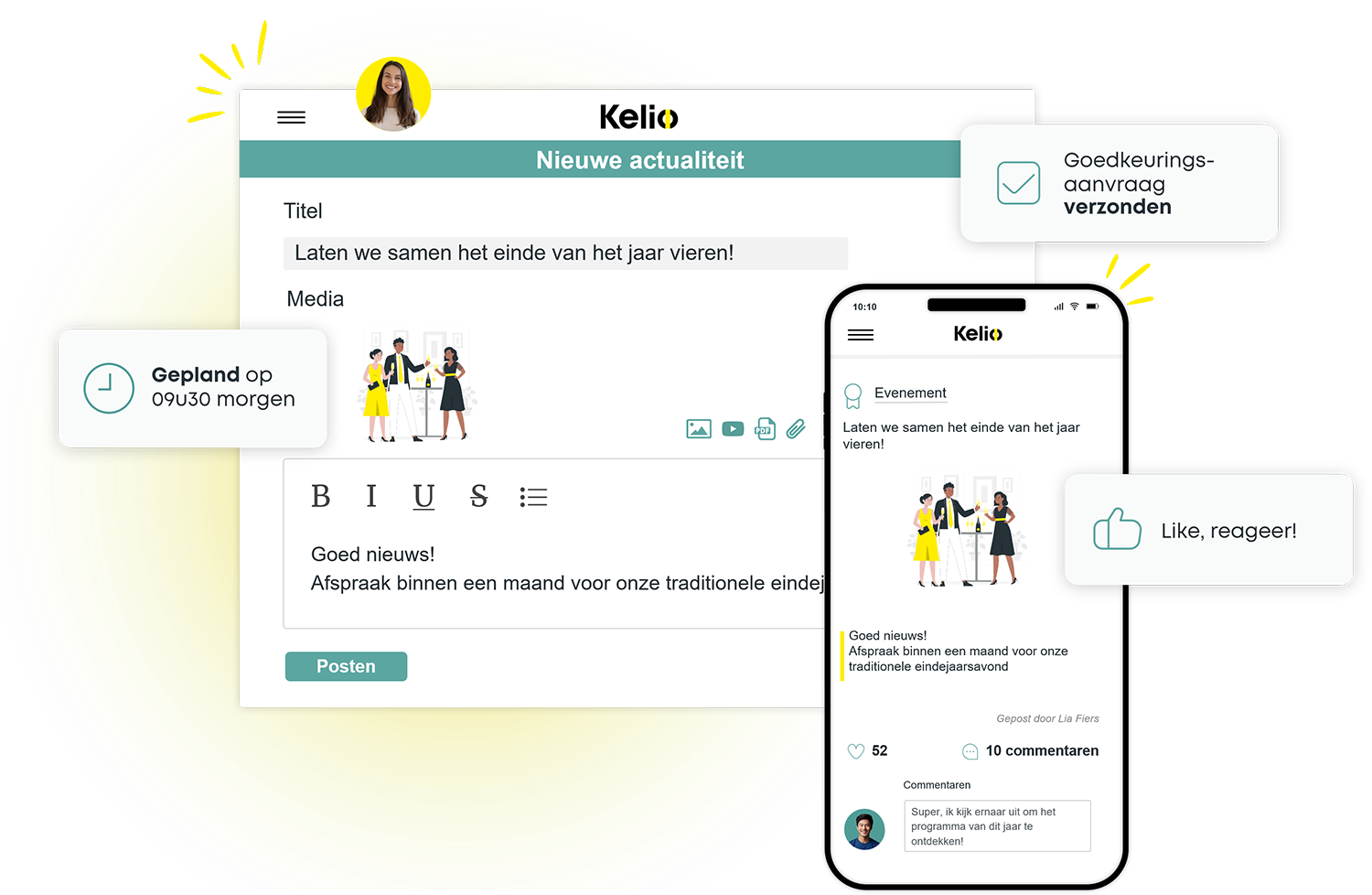 Interface in Kelio om een nieuwsbericht te creëren en te verspreiden via computer en smartphone.