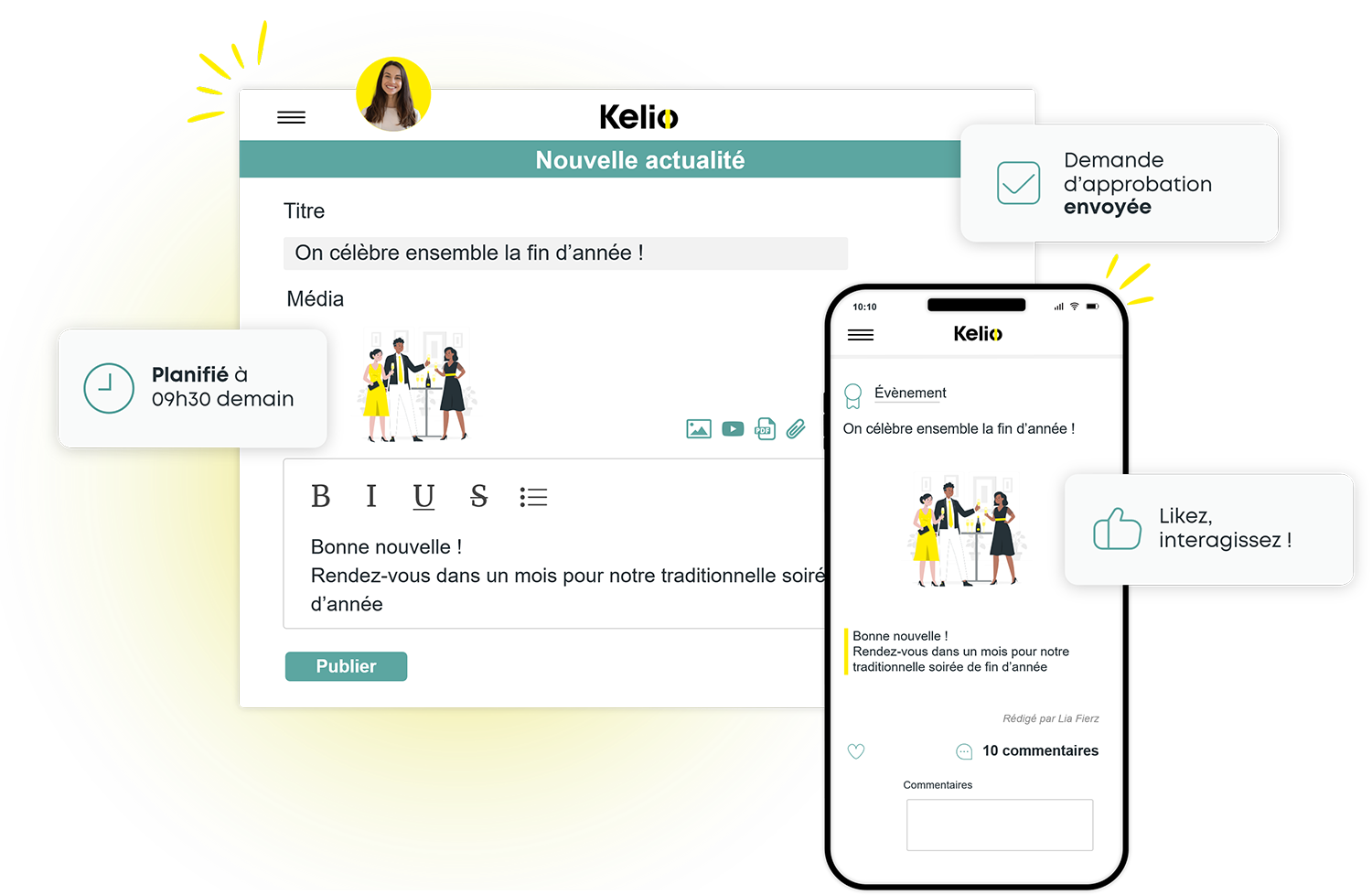 Interface Kelio pour créer et diffuser une actualité sur ordinateur et smartphone