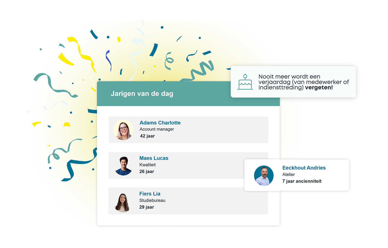 Kelio-widget met weergave van verjaardagen en anciënniteit van medewerkers.
