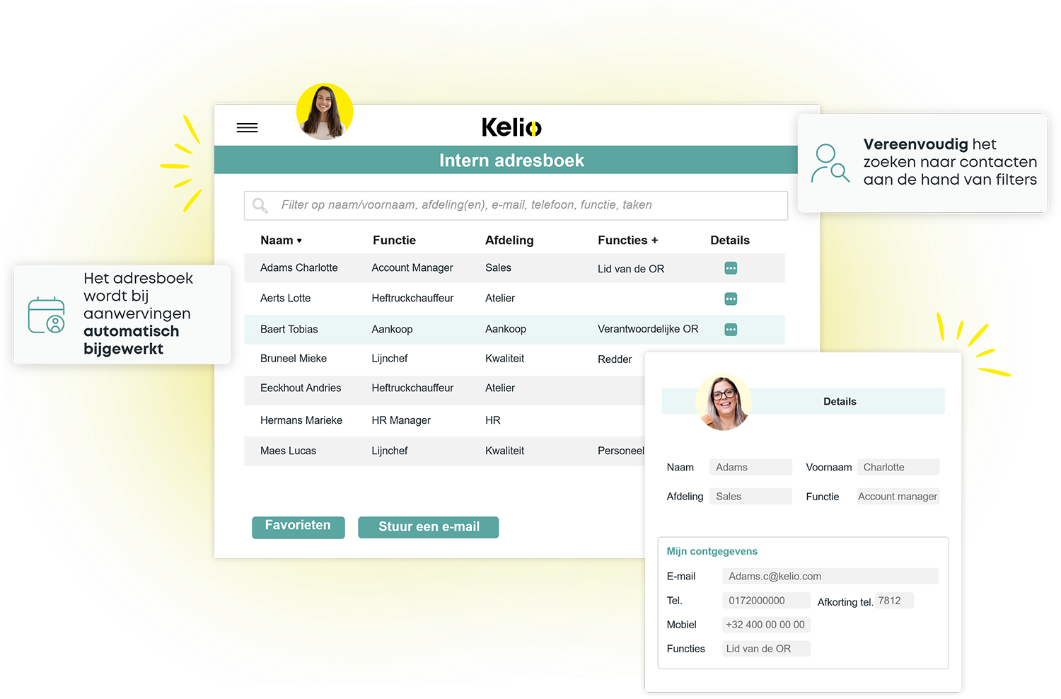 Interface van de Kelio-directory om via filters de contactgegevens van medewerkers binnen het bedrijf te zoeken.