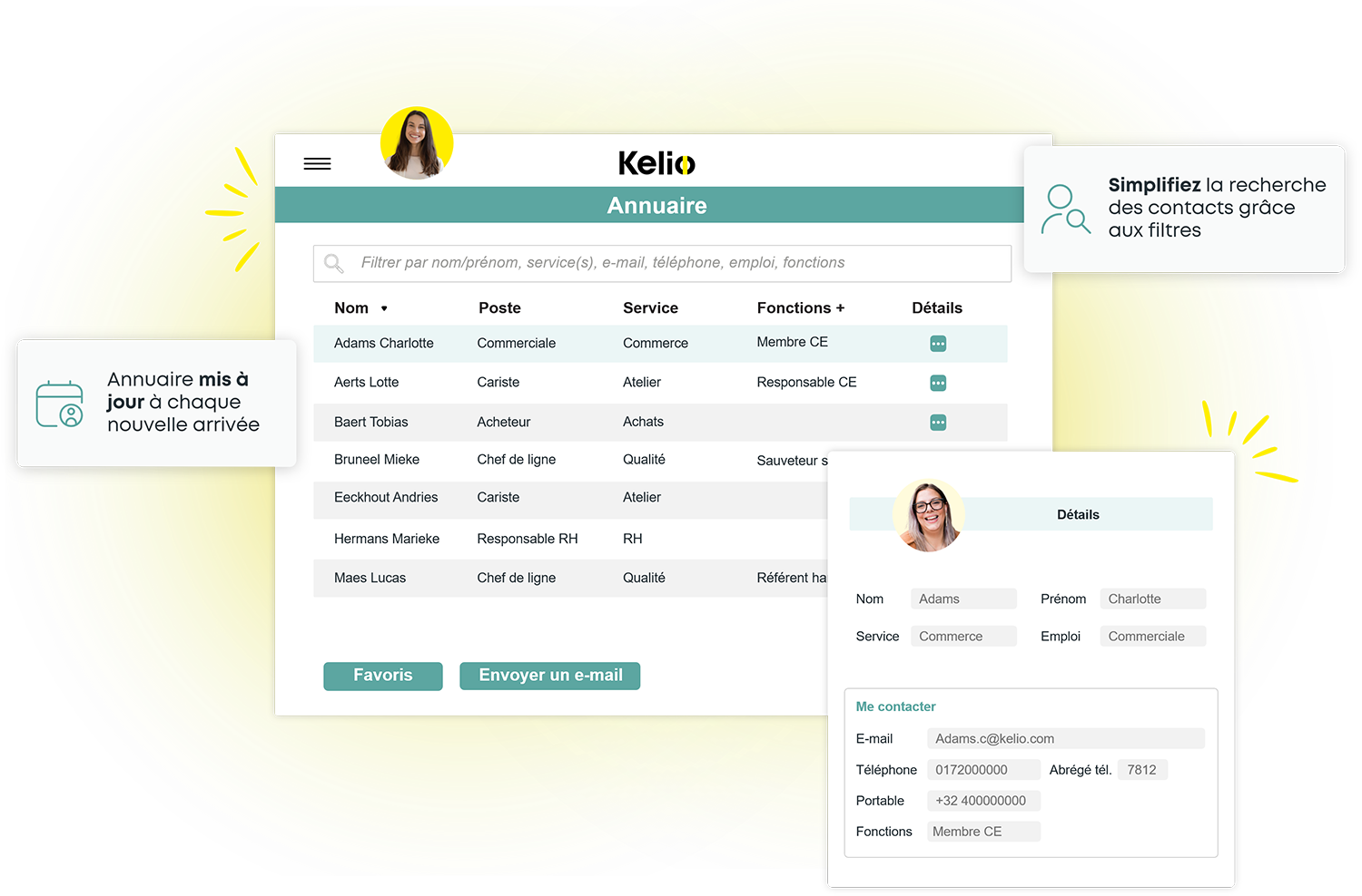 Interface de l'annuaire Kelio pour rechercher par filtre les contacts des collaborateurs de l'entreprise