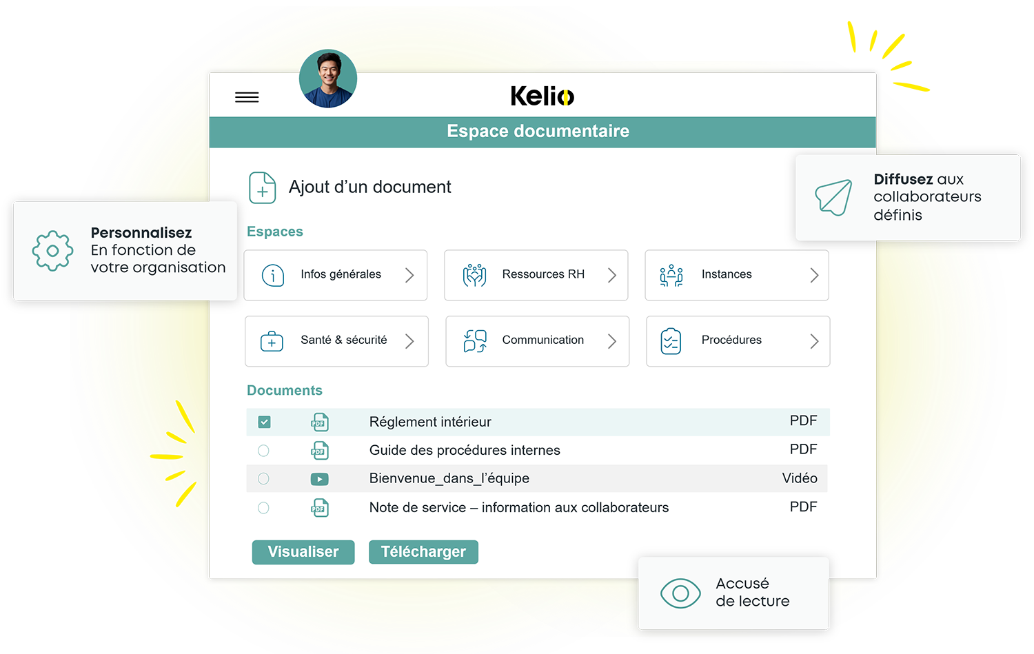 Interface de l'espace documentaire Kelio avec dossiers personnalisés et accusés de lecture