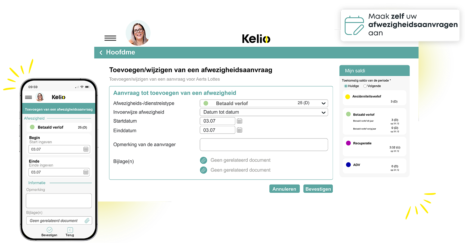 Interface voor het aanvragen van een afwezigheid in de Kelio-software op pc en smartphone
