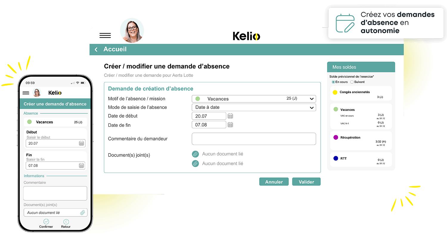 Interface de création d'une demande d'absence dans le logiciel Kelio sur PC et smartphone