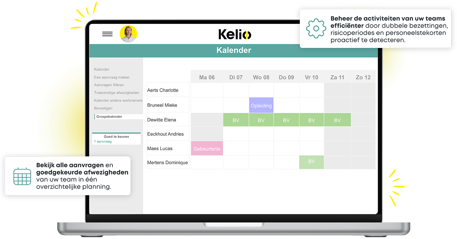 Kelio-interface met de groepsagenda voor verlof en afwezigheden van het team