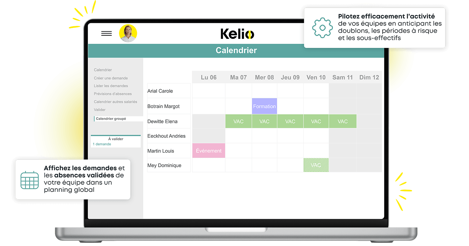 Interface Kelio affichant le calendrier groupé des congés et absences de l'équipe
