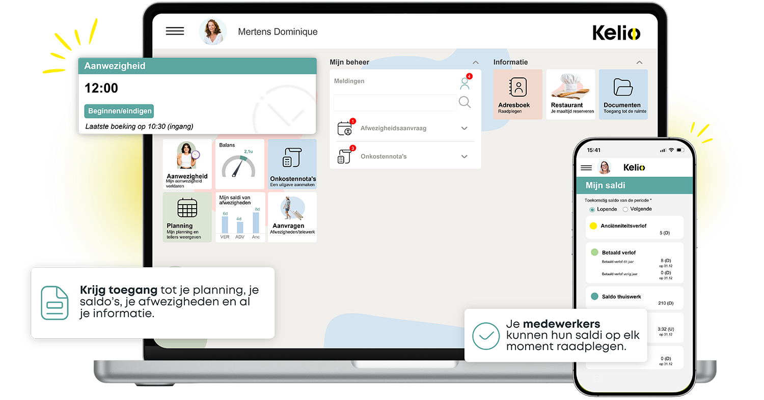 Interface van het Kelio-medewerkersportaal op computer en smartphone voor het beheer van verlof en saldi