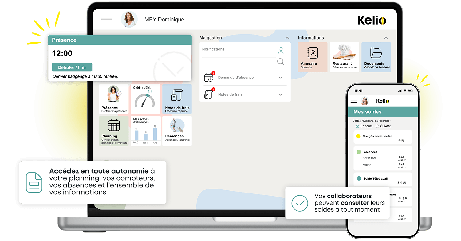 Interface du portail salarié Kelio sur ordinateur et smartphone pour la gestion des congés et soldes
