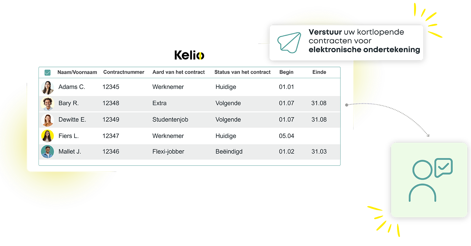 Verzending en validatie via elektronische handtekening van korte contracten voor flexi-jobs en studenten in Kelio