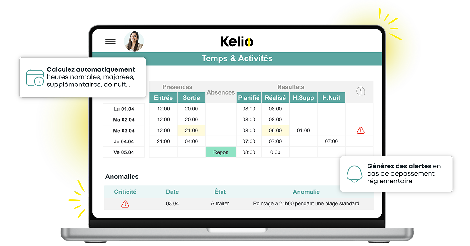 Logiciel GTA Kelio affichant le calcul automatique des heures supplémentaires, de nuit et les alertes réglementaires