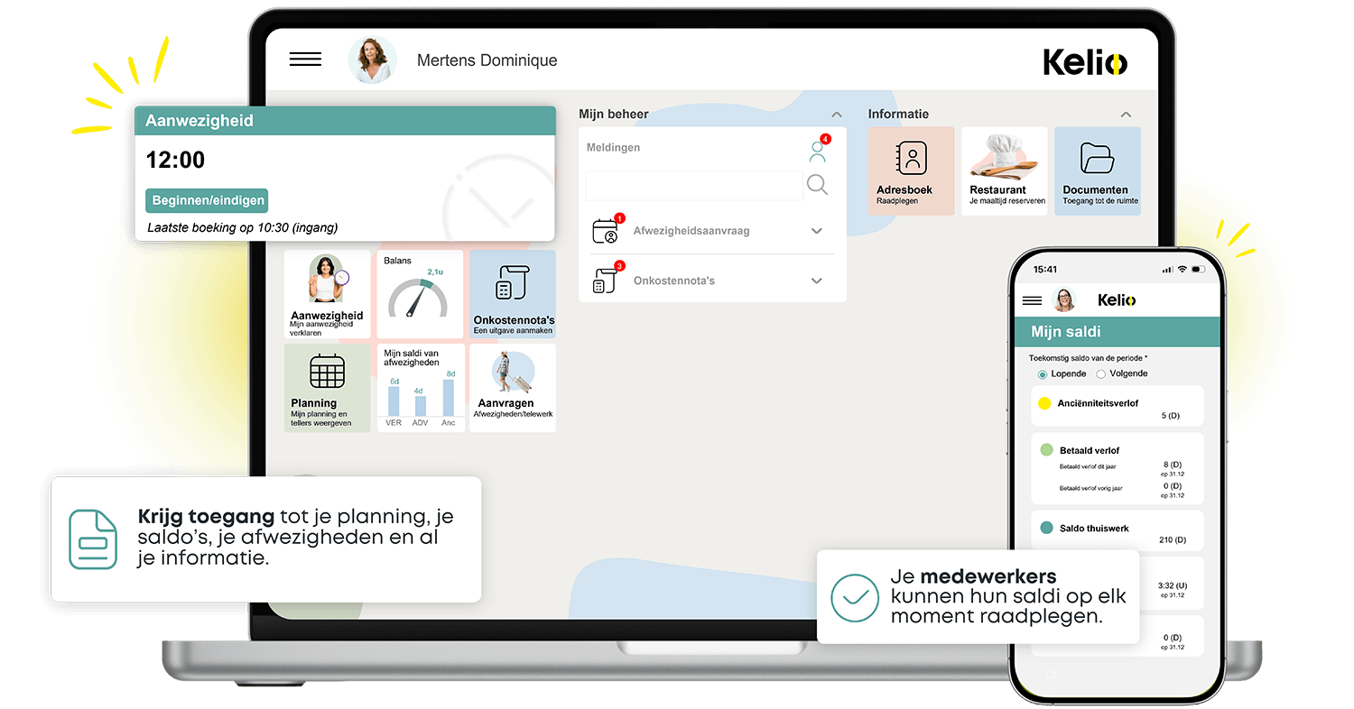 Kelio HR-portaal op laptop en mobiele app op gsm met overzicht van saldi en verlofaanvragen