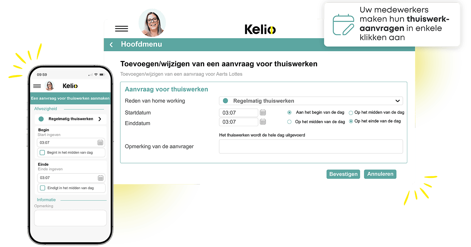 Kelio mobiele app en interface voor het indienen en goedkeuren van online thuiswerkaanvragen