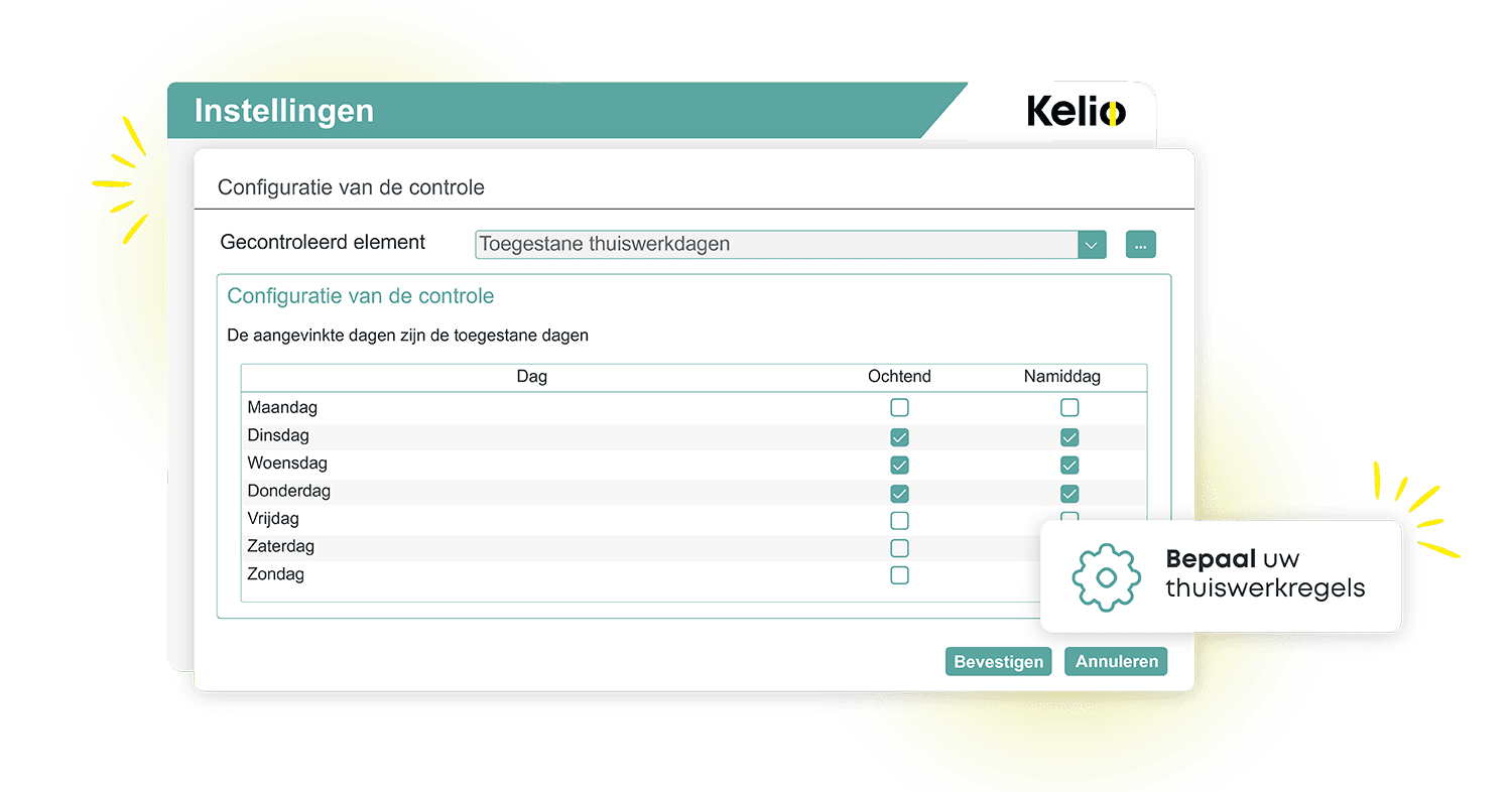 Kelio interface voor het configureren van thuiswerkregels en toegestane dagen voor werknemers in België