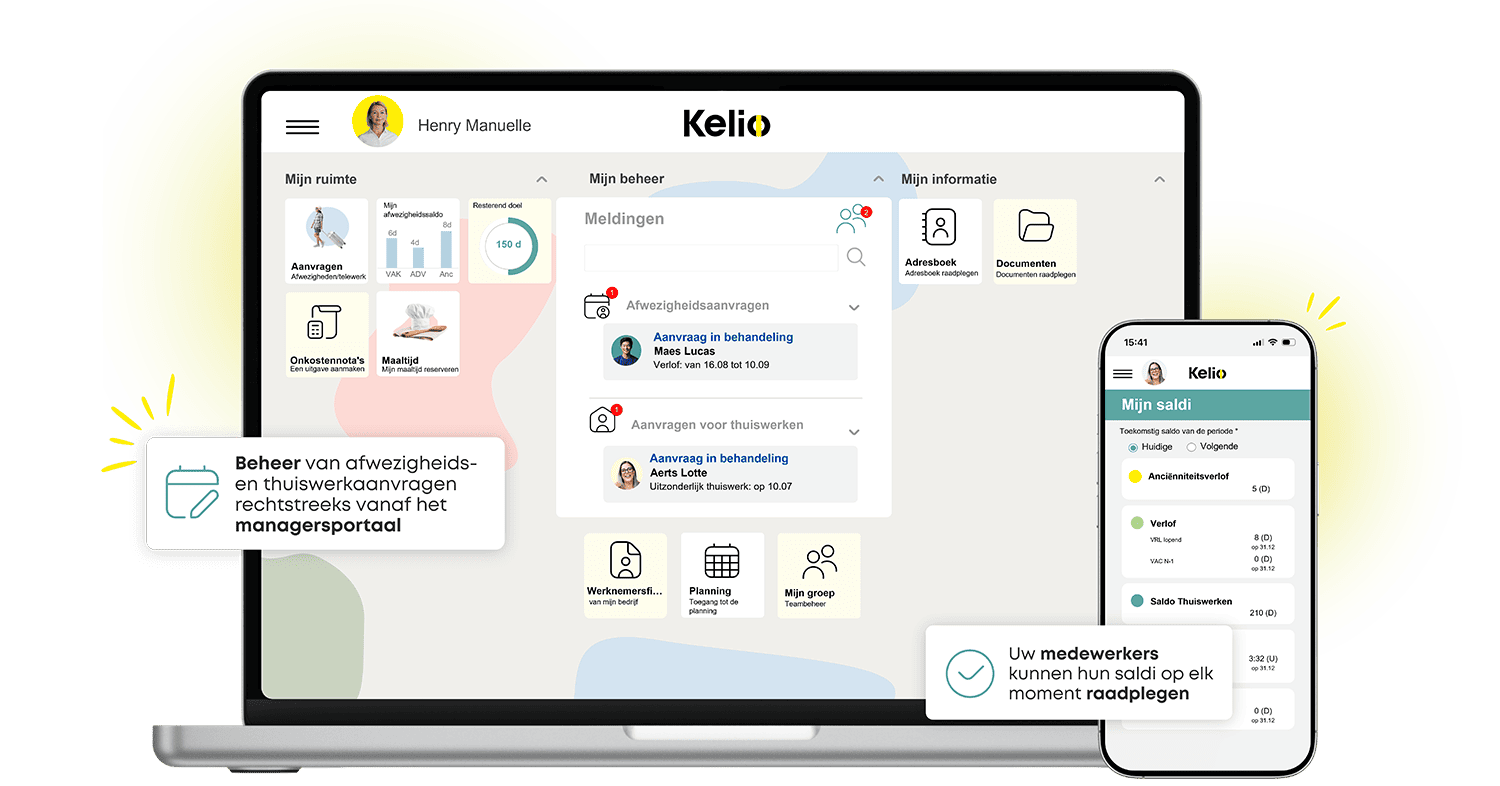 Kelio HR-portaal op pc en mobiel voor thuiswerkbeheer en realtime opvolging van saldi