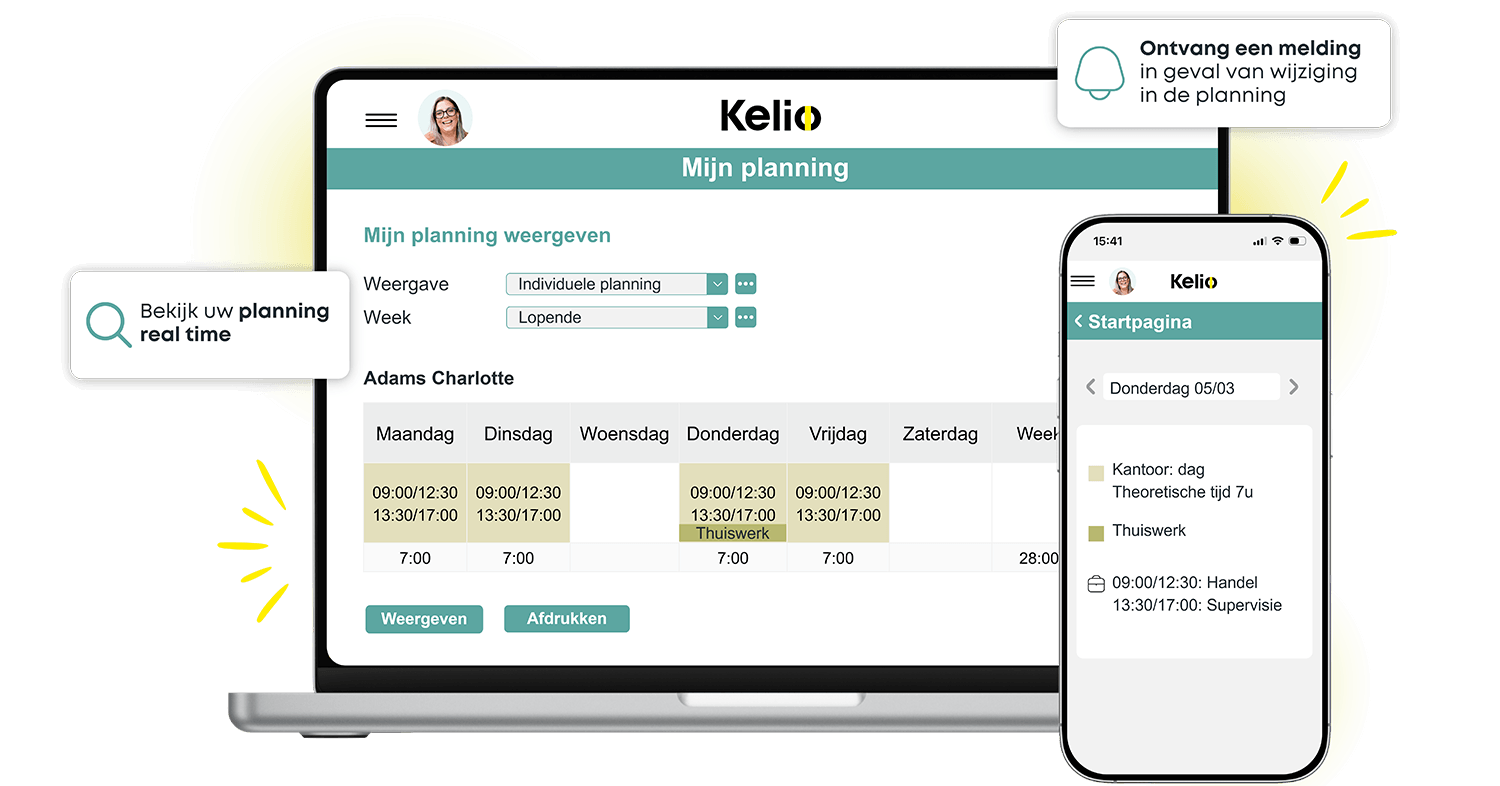 Kelio-medewerkersportaal op mobiel en pc voor het raadplegen van realtime bijgewerkte dienstroosters en planningen