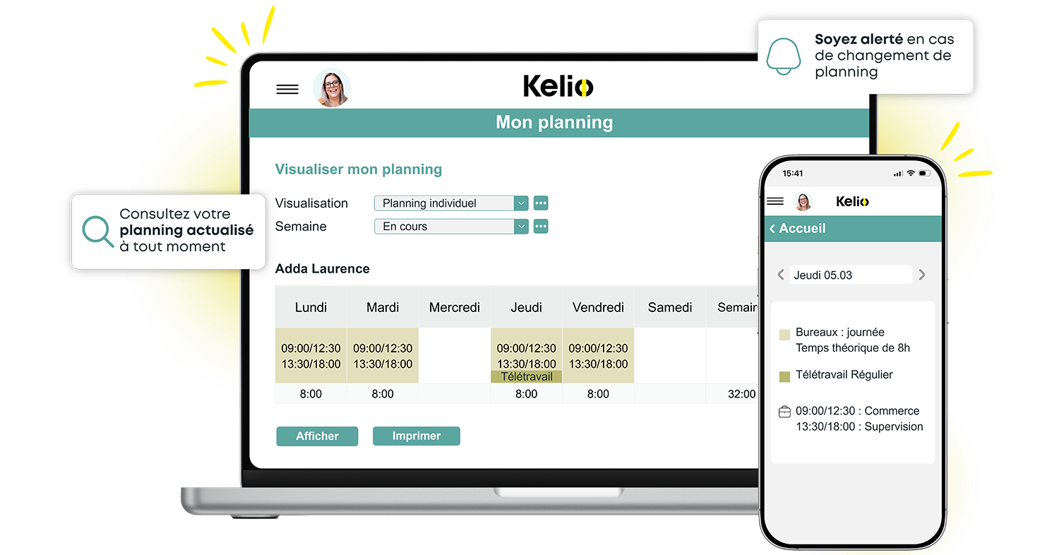 Portail collaborateur Kelio sur mobile et PC pour la consultation des horaires et plannings actualisés en temps réel