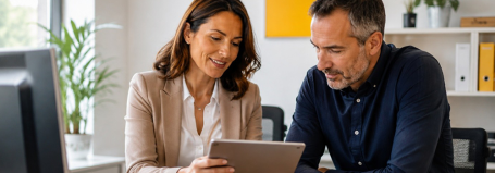 Une responsable RH et un collègue analysent des données de rémunération sur tablette pour la transparence salariale