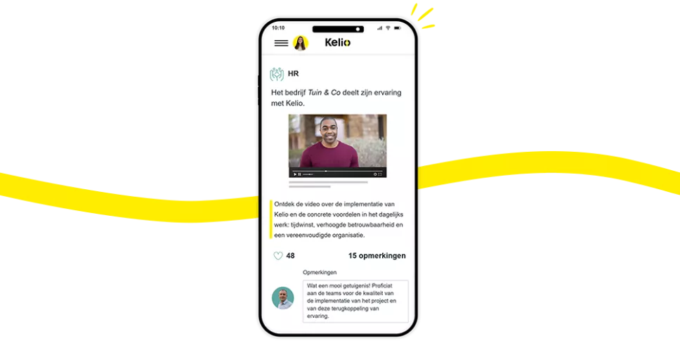 Kelio-portaal in sociale-netwerkmodus: nieuws, getuigenissen en interacties (likes, reacties) van medewerkers