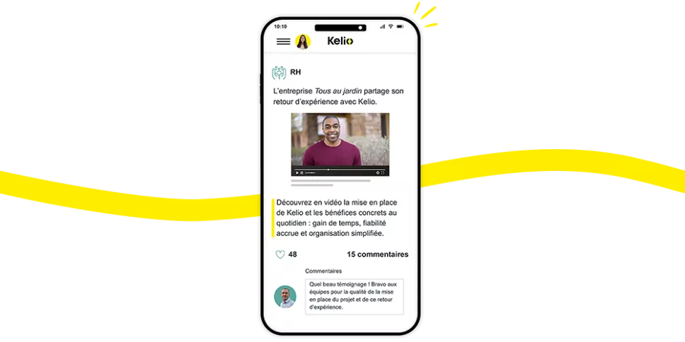 Portail Kelio mode réseau social : actualités, témoignages et interactions (likes, commentaires) des salariés