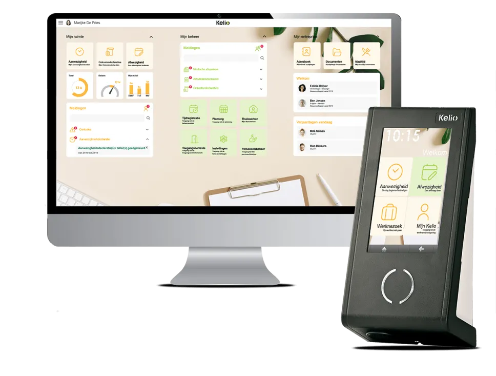 Kelio prikklok en online software-interface op computer voor tijdsregistratie