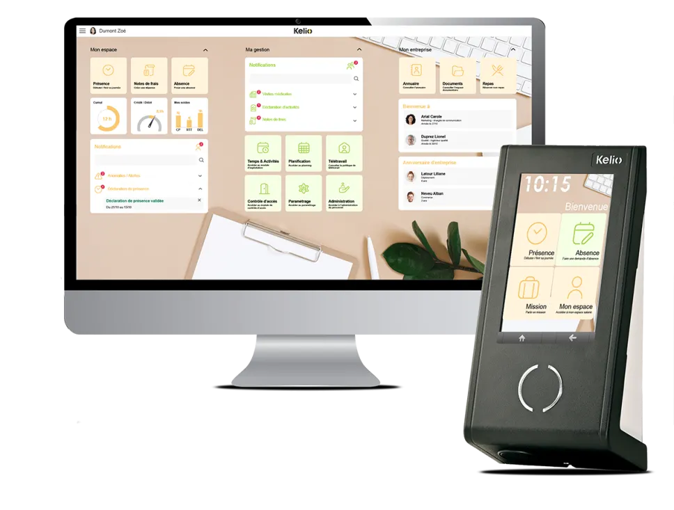 Interface du logiciel Kelio de gestion du temps et pointage des prestations sur ordinateur, smartphone et pointeuse