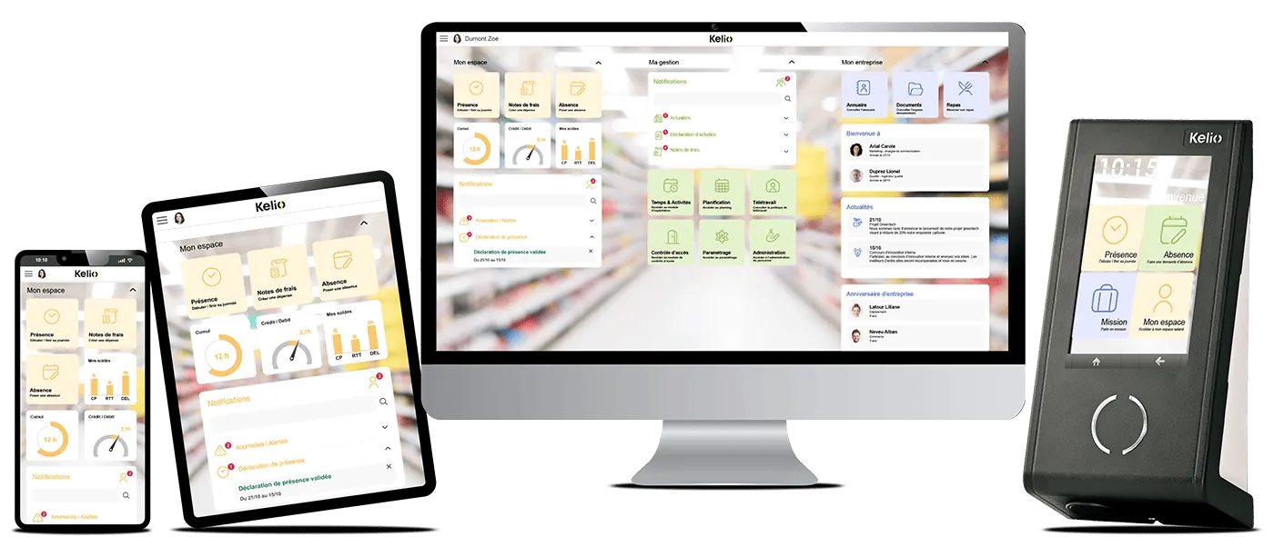 Logiciel RH Kelio sur ordinateur, tablette, smartphone et terminal tactile Kelio Visio X7 pour magasins et retail