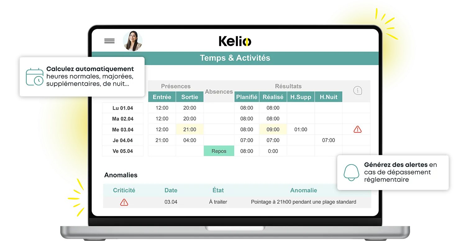 Logiciel GTA Kelio affichant le calcul automatique des heures supplémentaires, de nuit et les alertes réglementaires